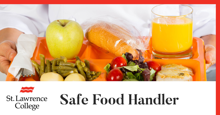 Food is presented on a tray by someone wearing a chef's jacket. The text reads Safe Food Handler Plus Career Readiness Training